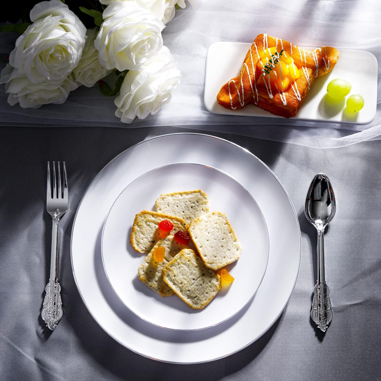 100PCS Silver Plastic Plates – Heavy Duty White Disposable Plates with Silver Ri