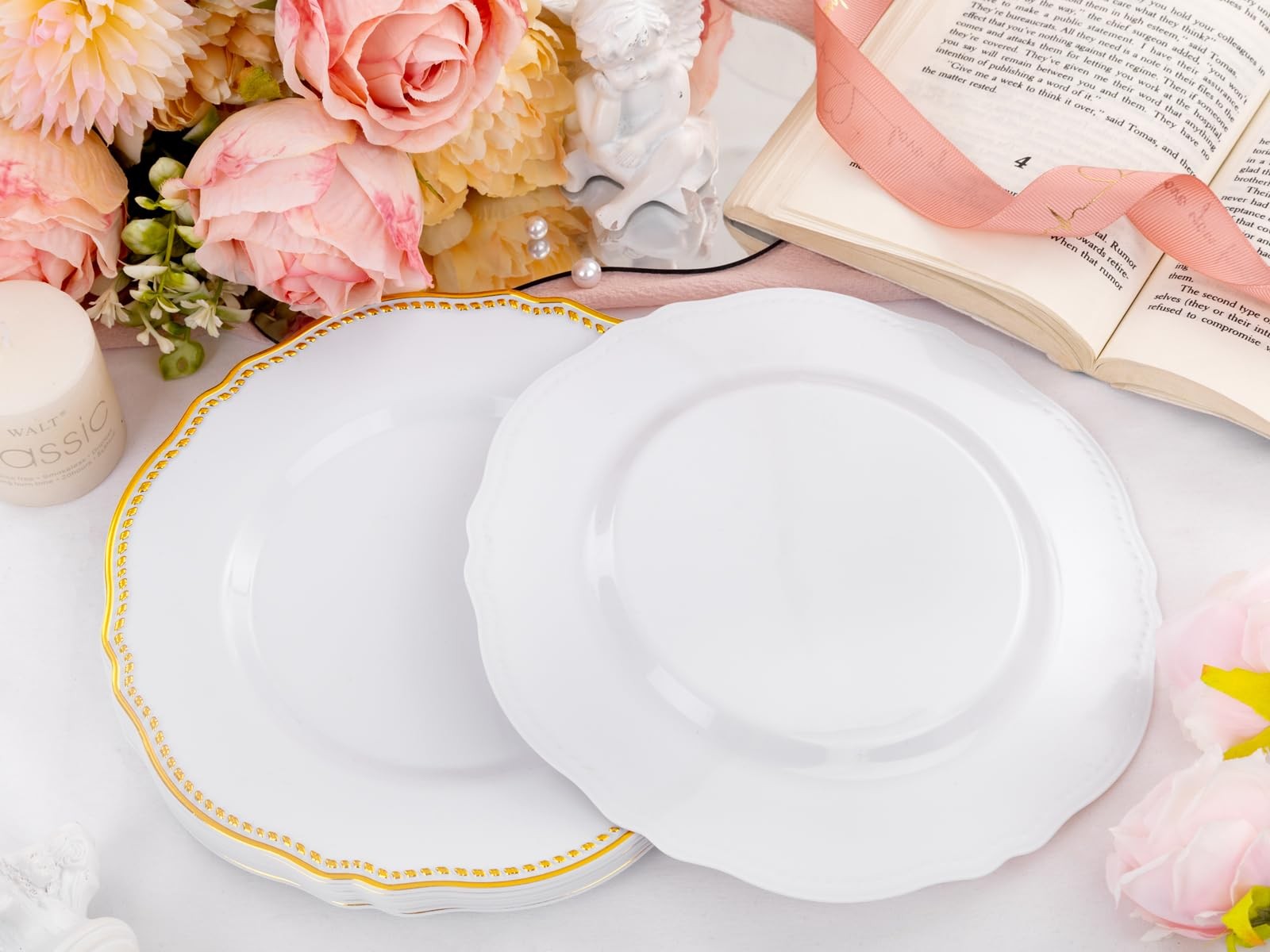 60pcs Gold Plastic Plates – White and Gold Disposable Dinnerware with Gold Ri…