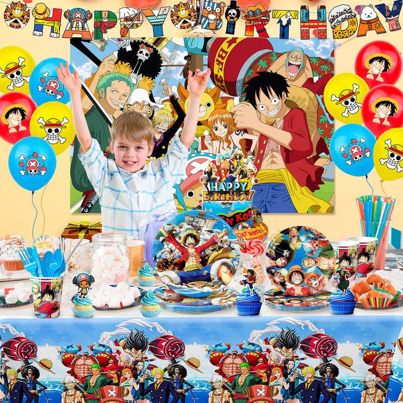 112 Pcs One Piece Party Decorations and Tableware Set Backdrop Plates Banner