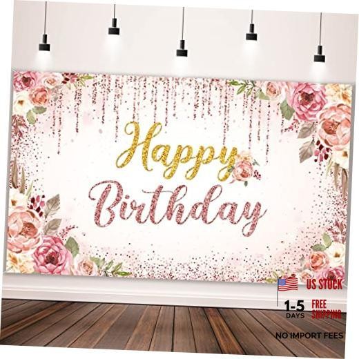 Happy Birthday Backdrop Decorations for Women Background Party Rose Gold