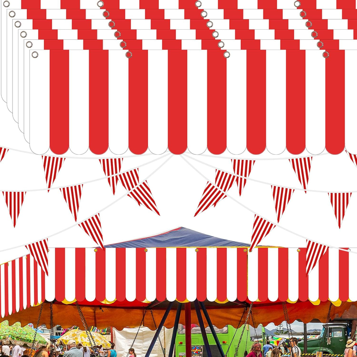 12 Pcs Carnival Circus Tent Party Decorations Red White Striped Hanging Banner w