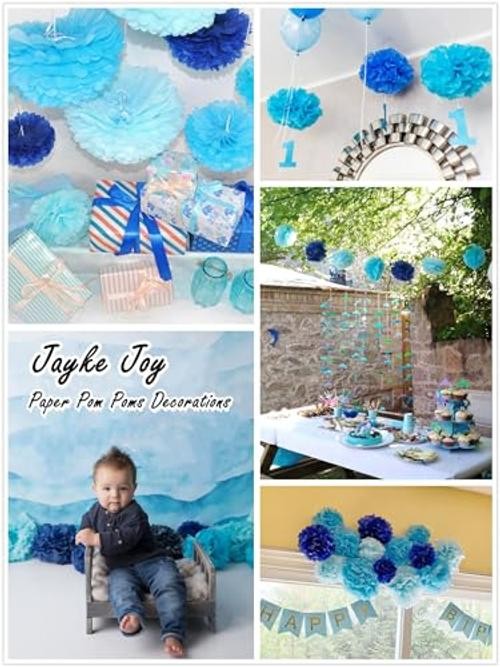 12 Pcs Tissue Pom Poms Kit, Tissue Paper Flowers for Birthday, Boy Blue Mix