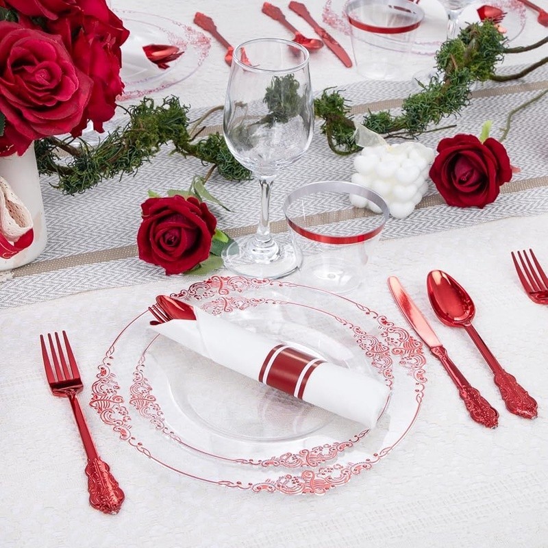 Disposable Plastic Plates Sturdy Red Dinnerware Set Parties Events Gatherings US
