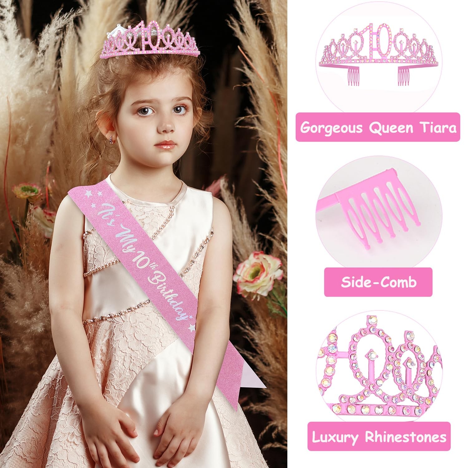 10th Birthday Decorations for Girls,Light Pink Headband Glitter Sash Set for…