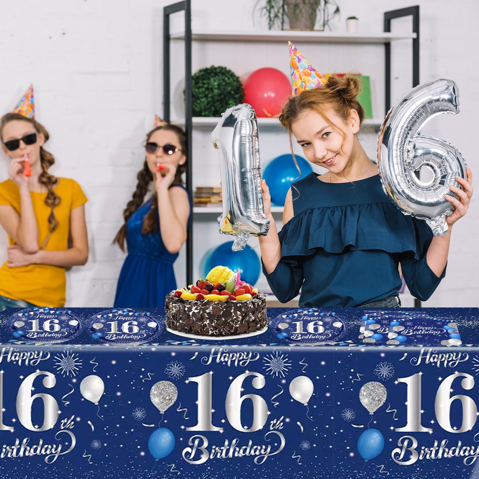 41PCS 16th Birthday Decorations for Boys Navy Blue Silver 16 16 Years Old