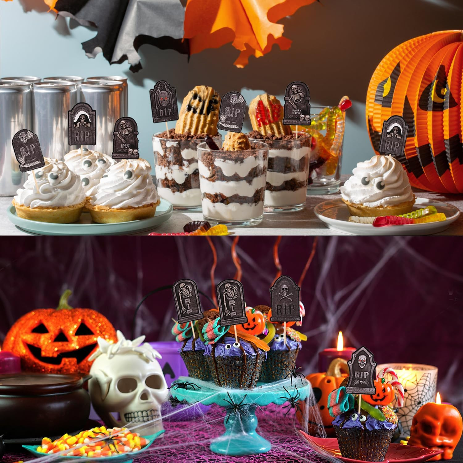 40 Pcs Halloween Cupcake Toppers, Tombstone Graveyard Cake Toppers Scary Cupcake
