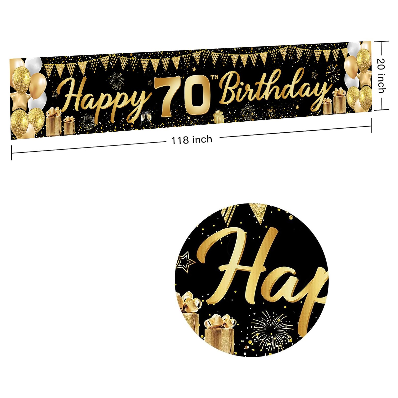 70th Birthday Decorations for Men Women – Happy 118×20 inches, Black Gold
