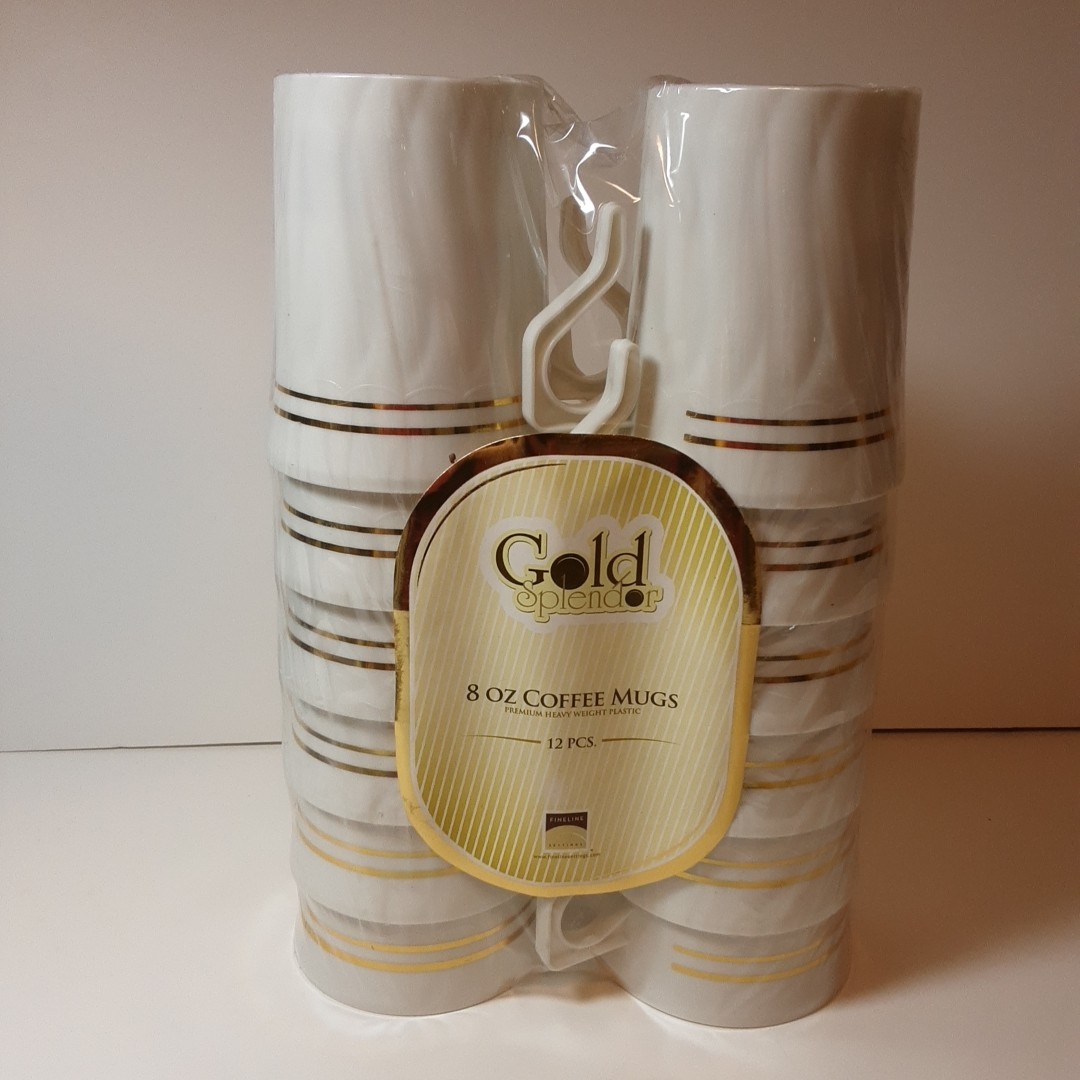 Fineline Settings Plastic 8 Oz. Coffee Mugs 12 Pk Gold Splendor NEW Unopened