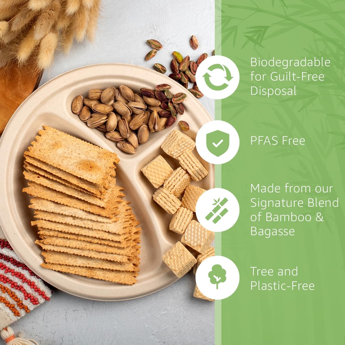 Bamboo Paper Compartment Plates Disposable (50-Pack, 9-inch) – Sturdy & Micro…