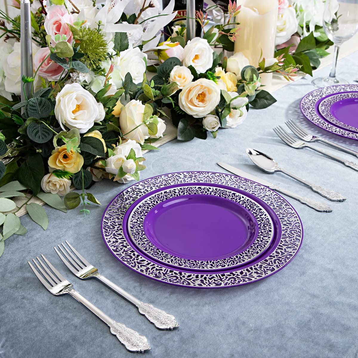 150PCS Purple Silver Plastic Plates with Silver Silverware, Silver Party Supp…