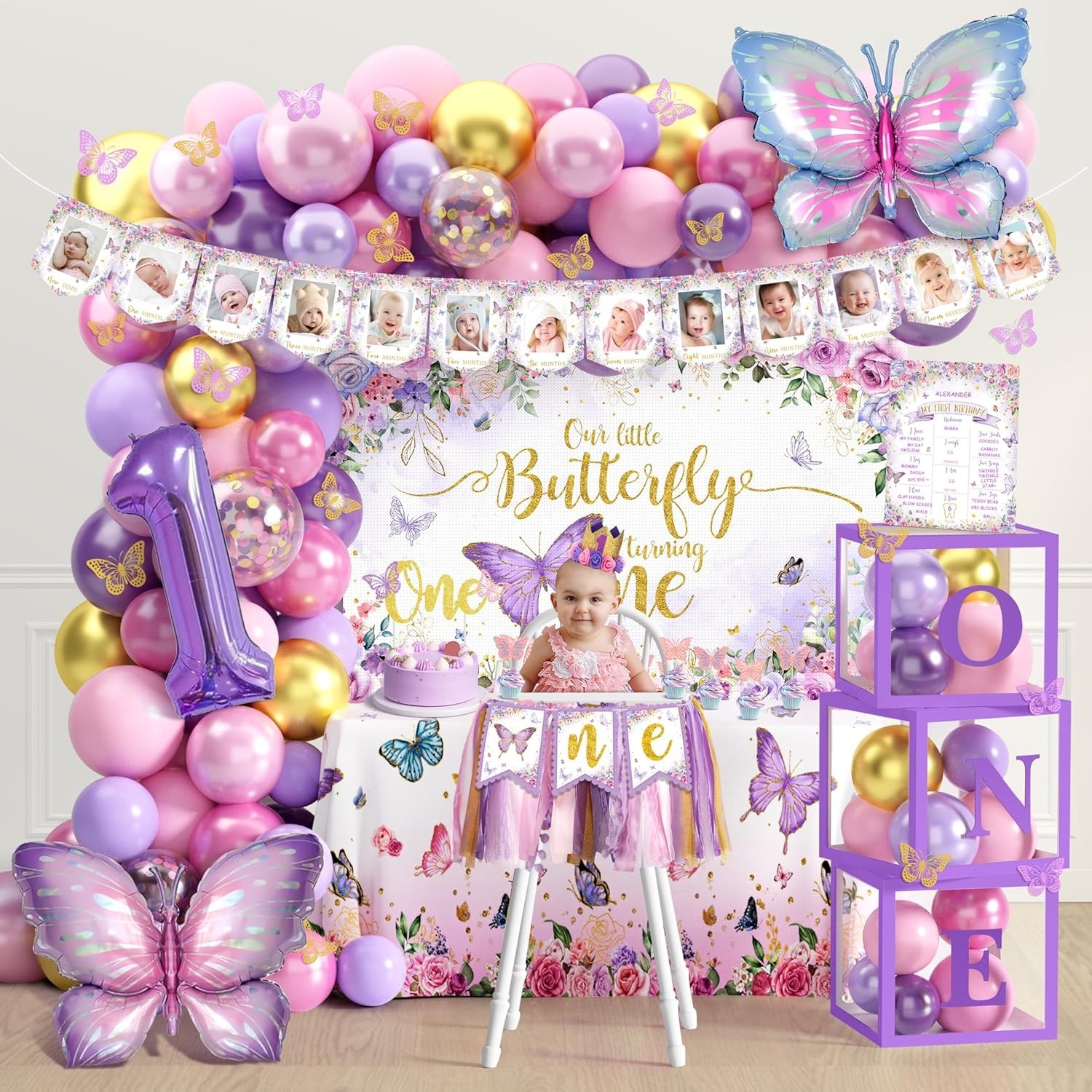134pcs Purple Butterfly Birthday Decorations for Girl, 1st Birthday Decorations