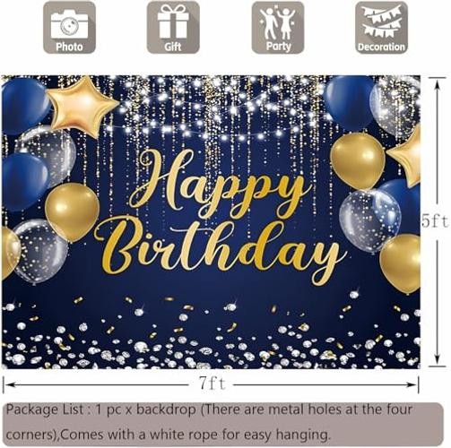 Happy Birthday Backdrop for Men Boys Navy and Gold Happy Birthday 7x5ft Blue