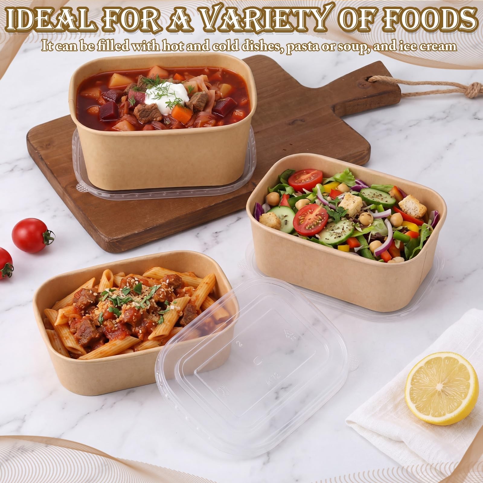 50 Set Paper Food Containers with Lids, 3 Sizes Variety Pack (17oz/29oz/34oz)…