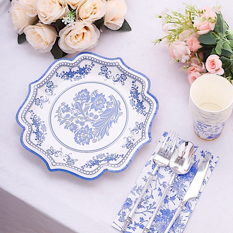 25 White Blue 10 in Floral Disposable Dessert Paper PLATES Scallop Trim Party