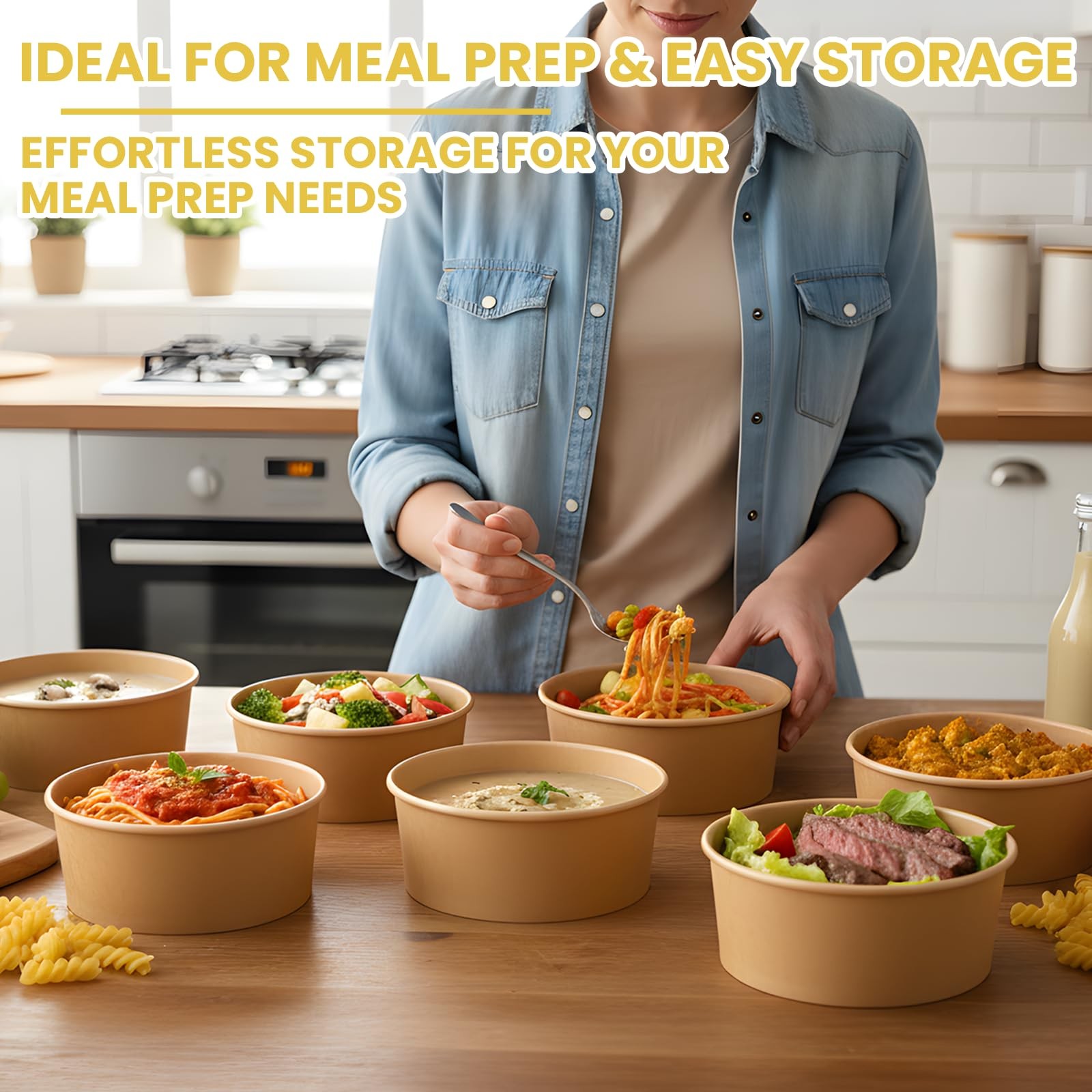 50 Count 25 oz Large Disposable Paper Bowls with Lids, Salad Containers for L…
