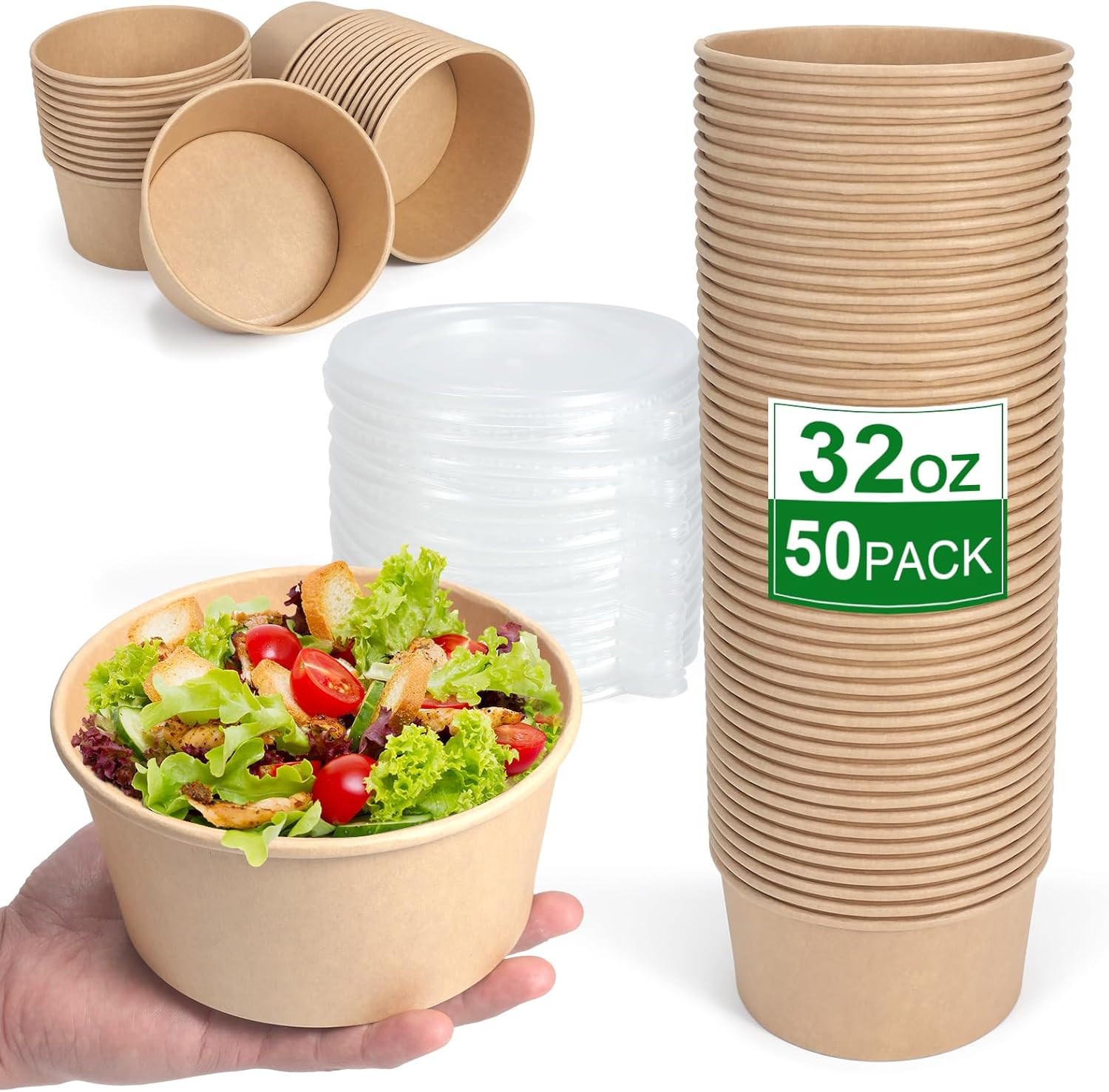 50 Pcs 32 Oz Disposable Meal Prep Containers Paper Bowls Lids Soup Hot/Cold