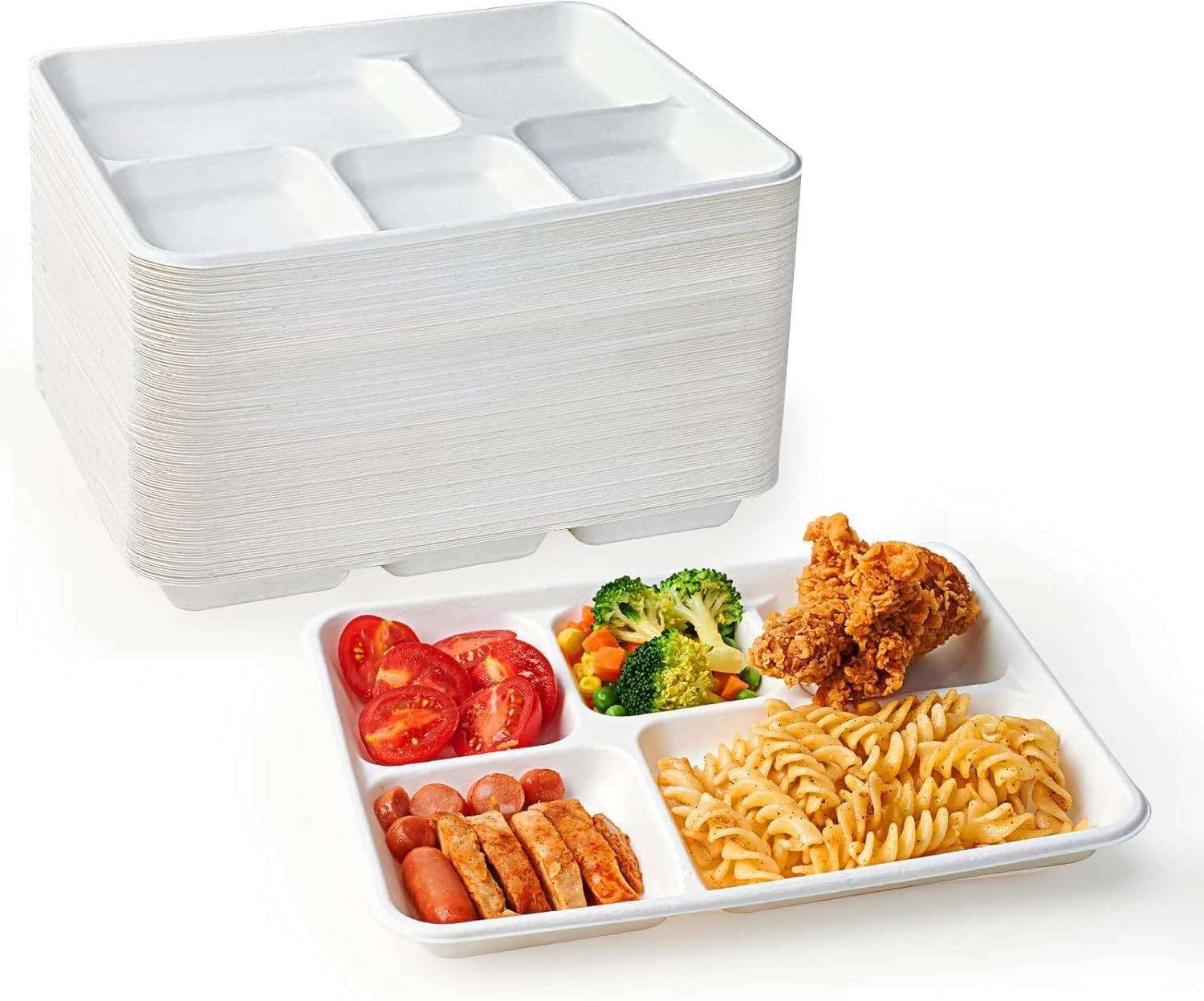 100% Compostable 5 Compartment Plates, 125 Pack Disposable Paper Plates, Heavy-D