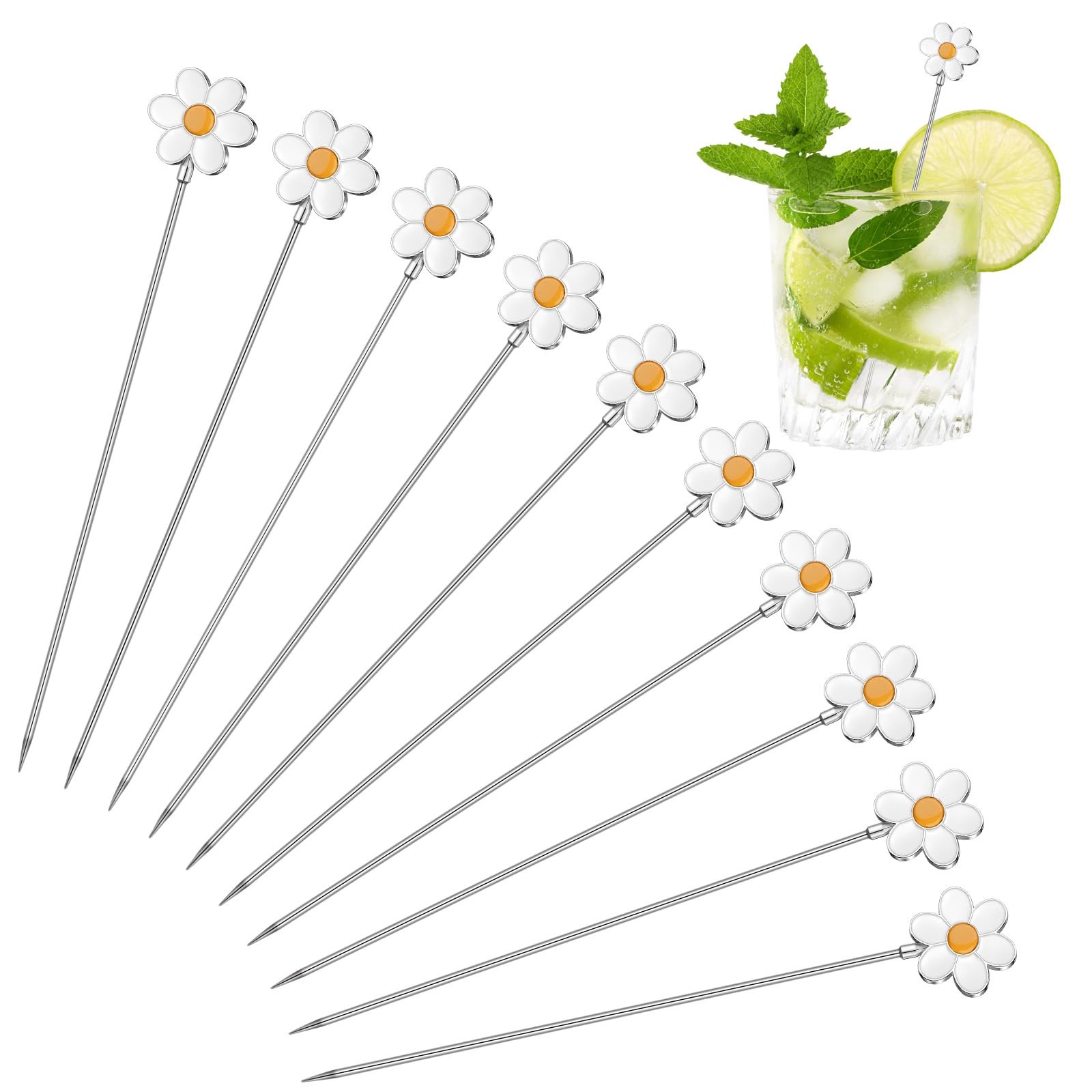 10 PCS Metal Daisy Cocktail Picks 4.7 Inch Toothpicks Appetizers Fruit Skewer