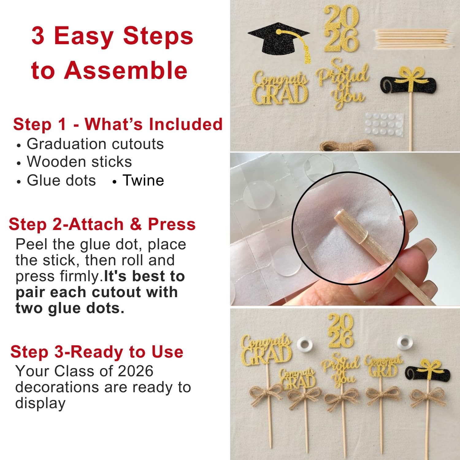 20-Pack Double Sided Graduation Centerpiece Sticks & Twine – Class of 2026 Decor