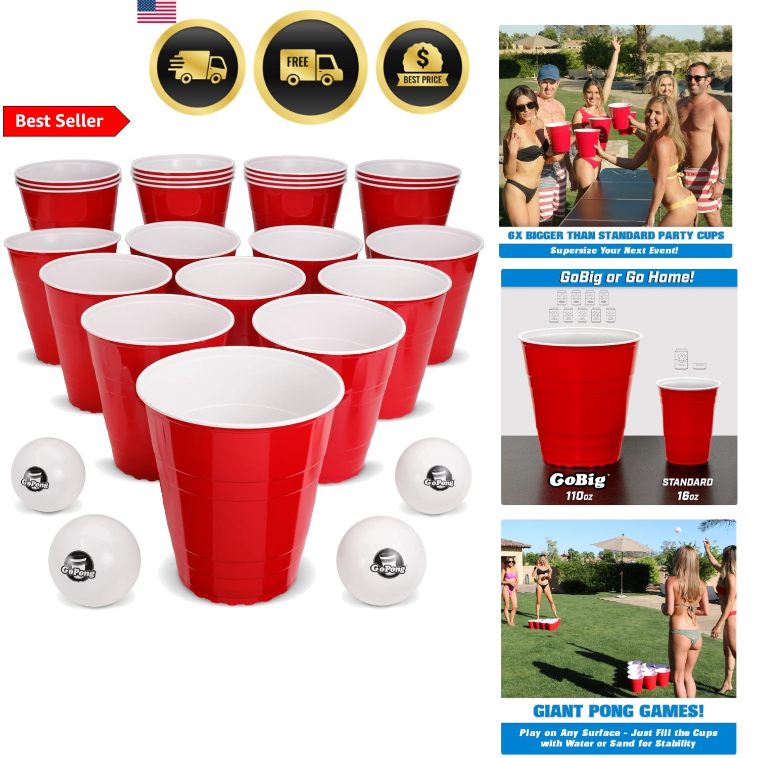 Giant Party Cups 110oz Red 24 Pack with 4 XL Pong Balls for Beer Pong Flip Cup