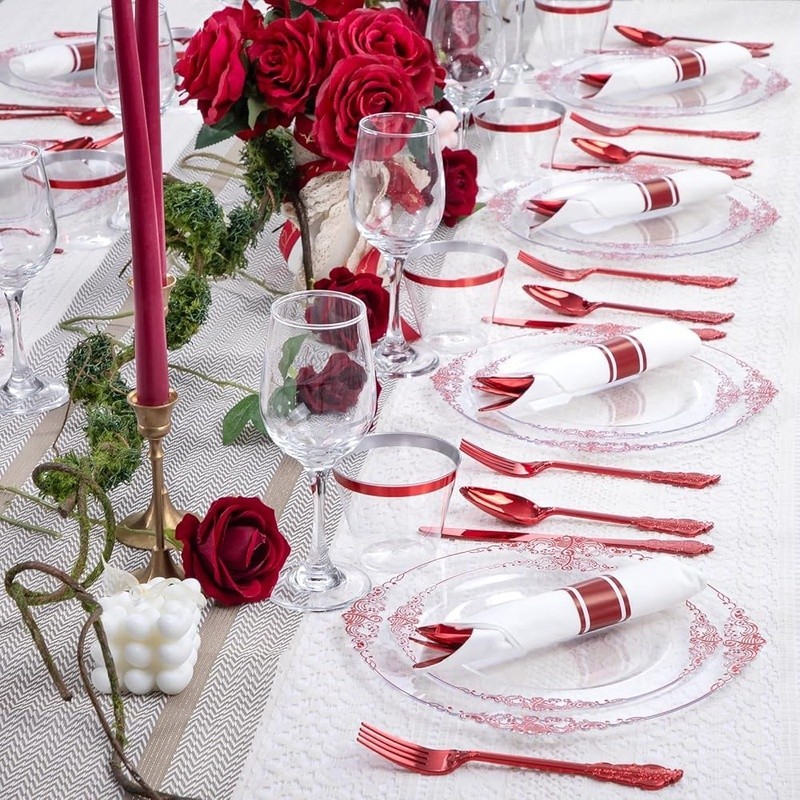 Disposable Plastic Plates Sturdy Red Dinnerware Set Parties Events Gatherings US