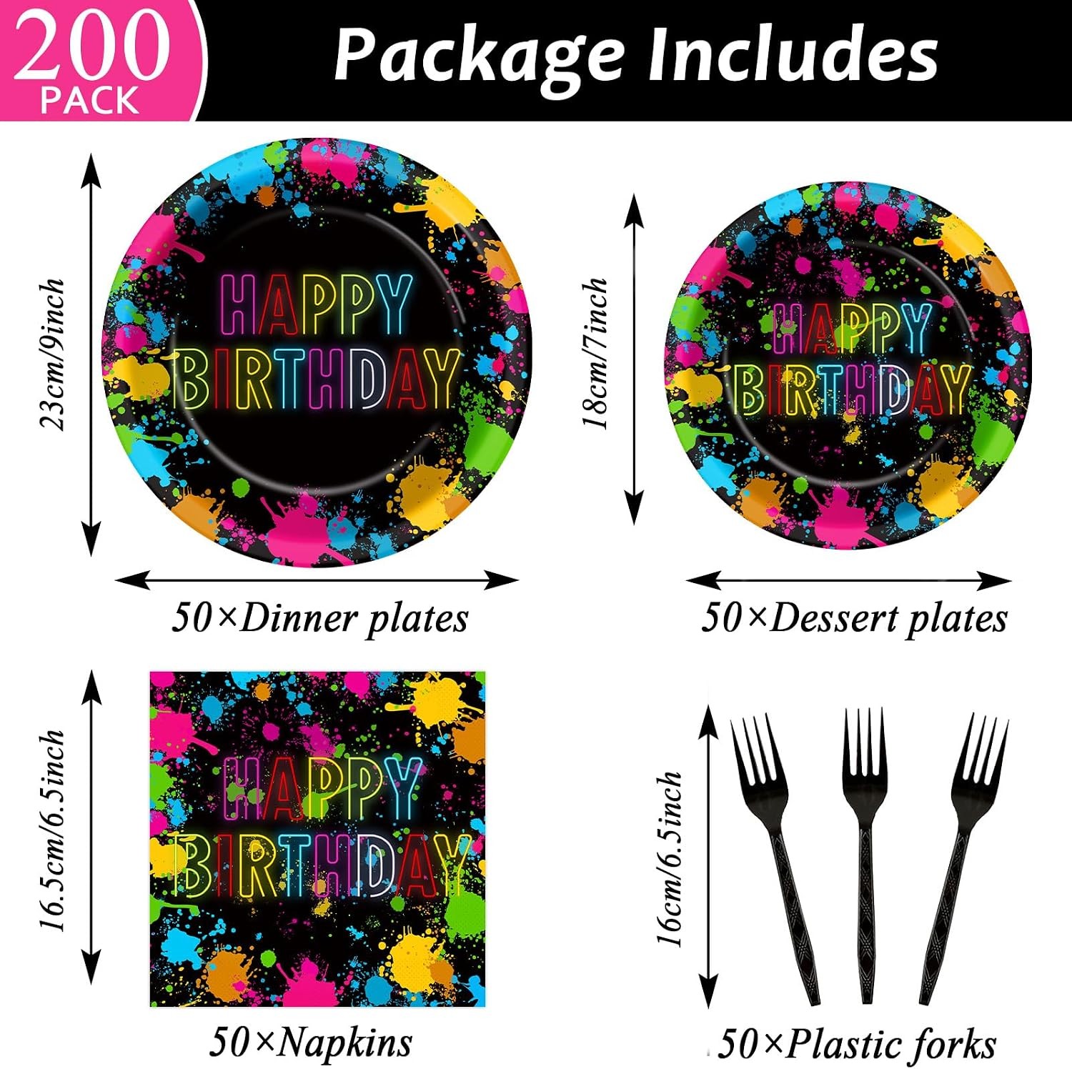 200pcs Neon Party Paper Plate and Napkins Supplies Neon Birthday Party