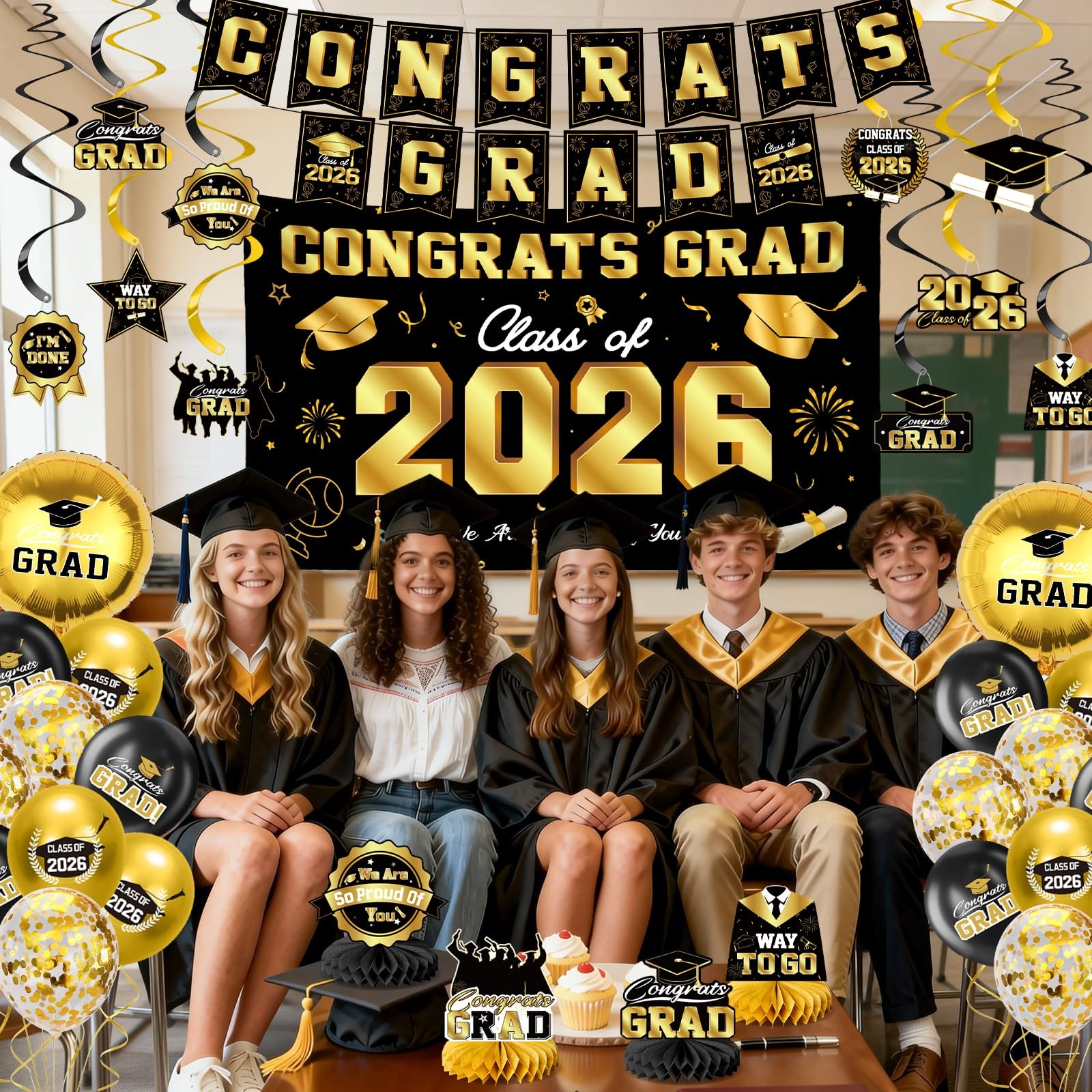 Class of 2026 Graduation Party Decor Kit Black Gold Banner Balloons Centerpieces