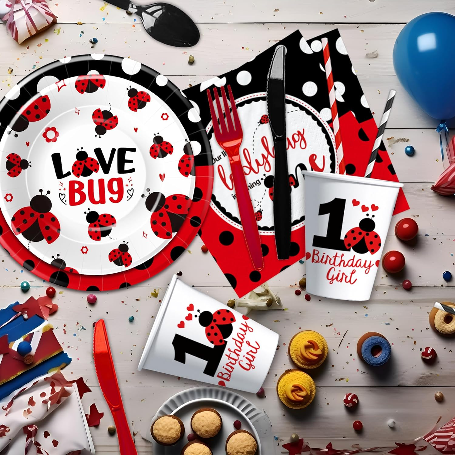 Ladybug 1st Birthday Party Tableware Set Plates Cups Napkins Serves 24