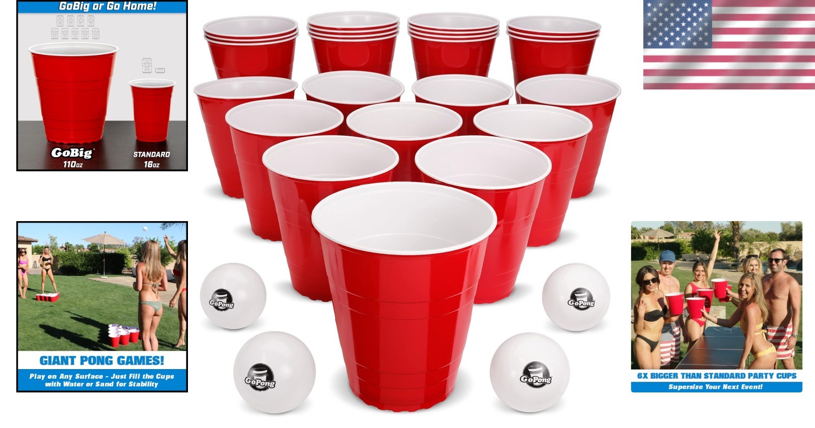Giant Party Cups 110oz Red 24 Pack with 4 XL Pong Balls for Beer Pong Flip Cup