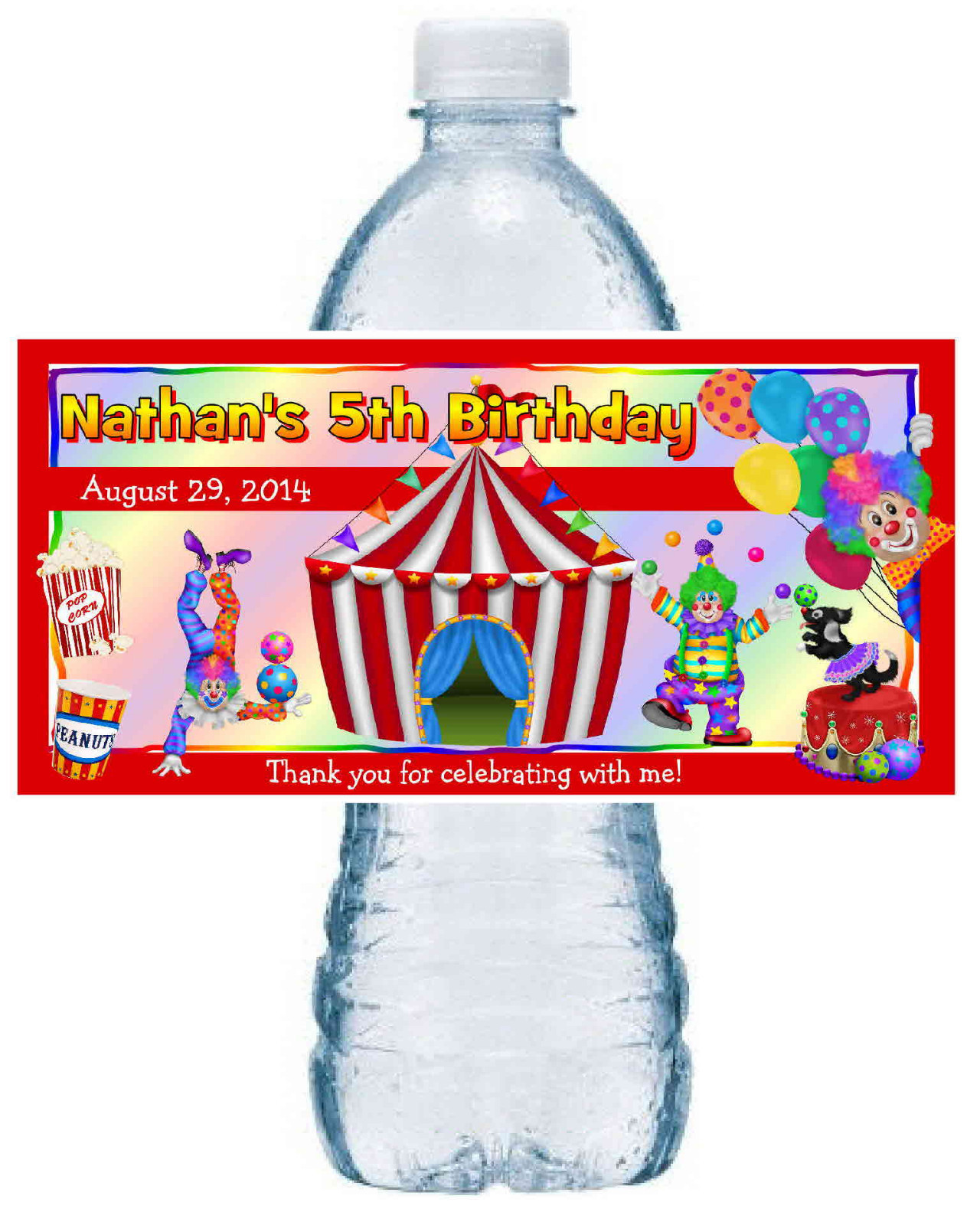20 ~ CARNIVAL CIRCUS BIRTHDAY PARTY FAVORS WATER BOTTLE LABELS ~ waterproof ink