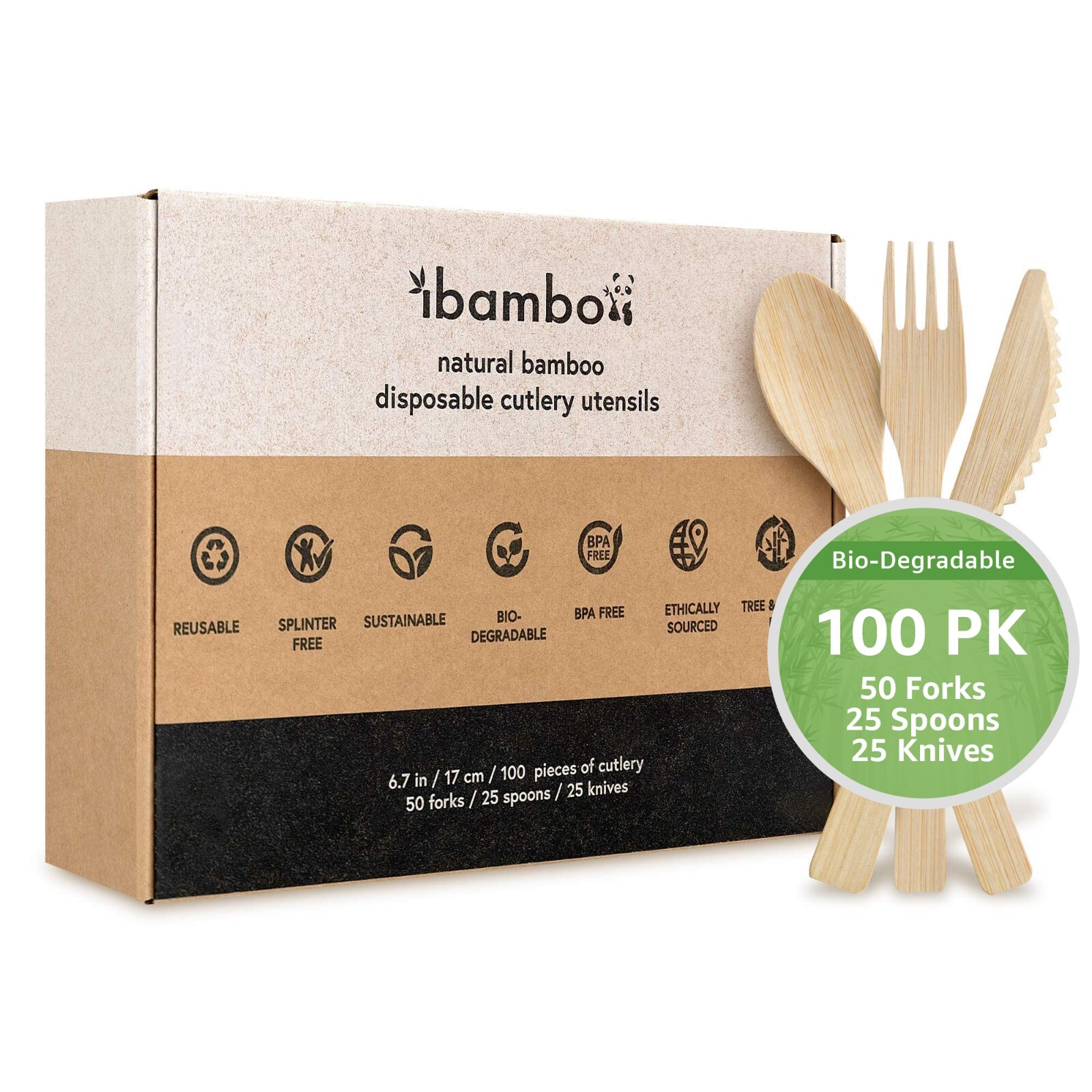 Ibambo Natural Bamboo Disposable Cutlery Set 50 Forks, 25 Spoons, & 25 Knives