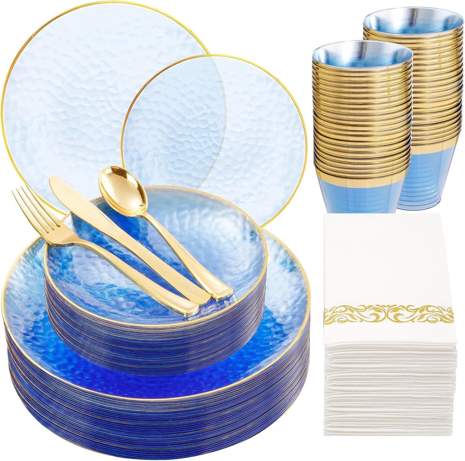 175 Pcs Plastic Dinnerware Set (25 Guests), Blue Disposable Plates With Gold Rim