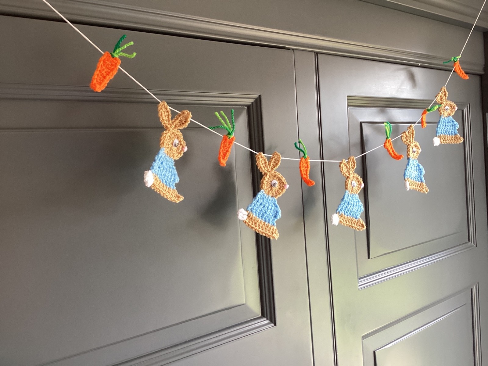 Bunny Rabbit & Carrots Garland/Bunting Handmade Crocheted Blue