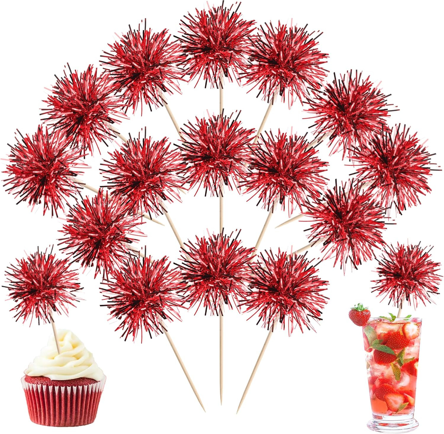 40 PCS Foil Firework Cupcake Toppers Sparkle Tinsel Cupcakae Picks Sparkler Fire