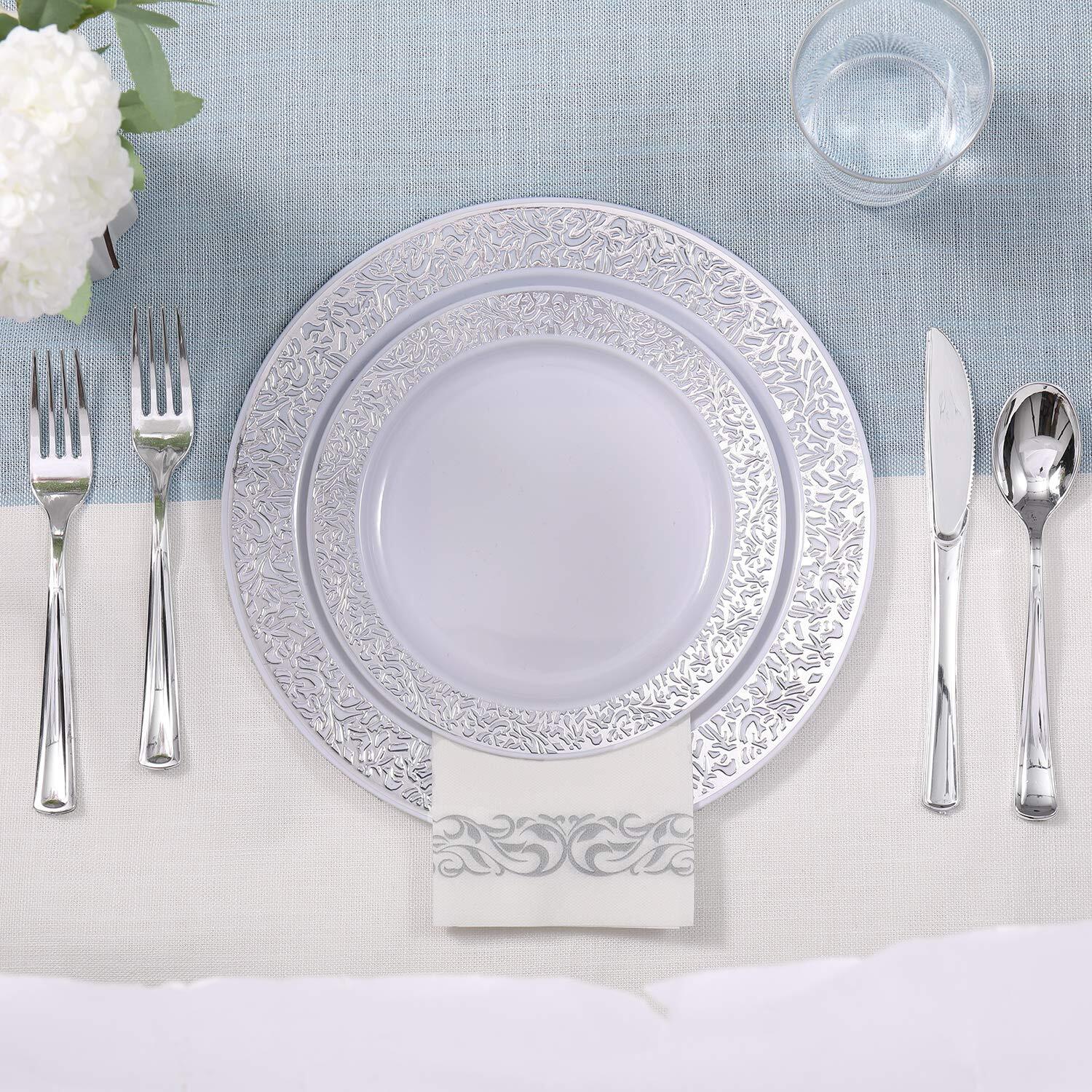 175 Silver Dinnerware Set For 25 Guests White Plastic Plates With Silver Lace Ri