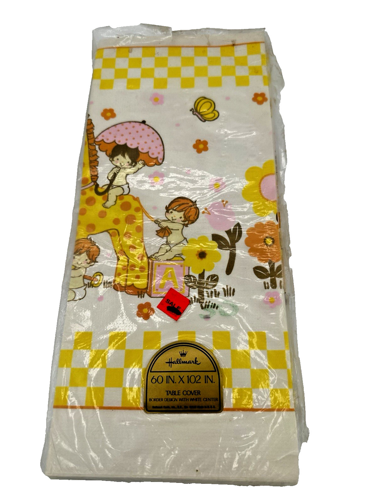 Vintage Hallmark 60×102″ Paper Table Cover Yellow Checkers Baby Shower Giraffe