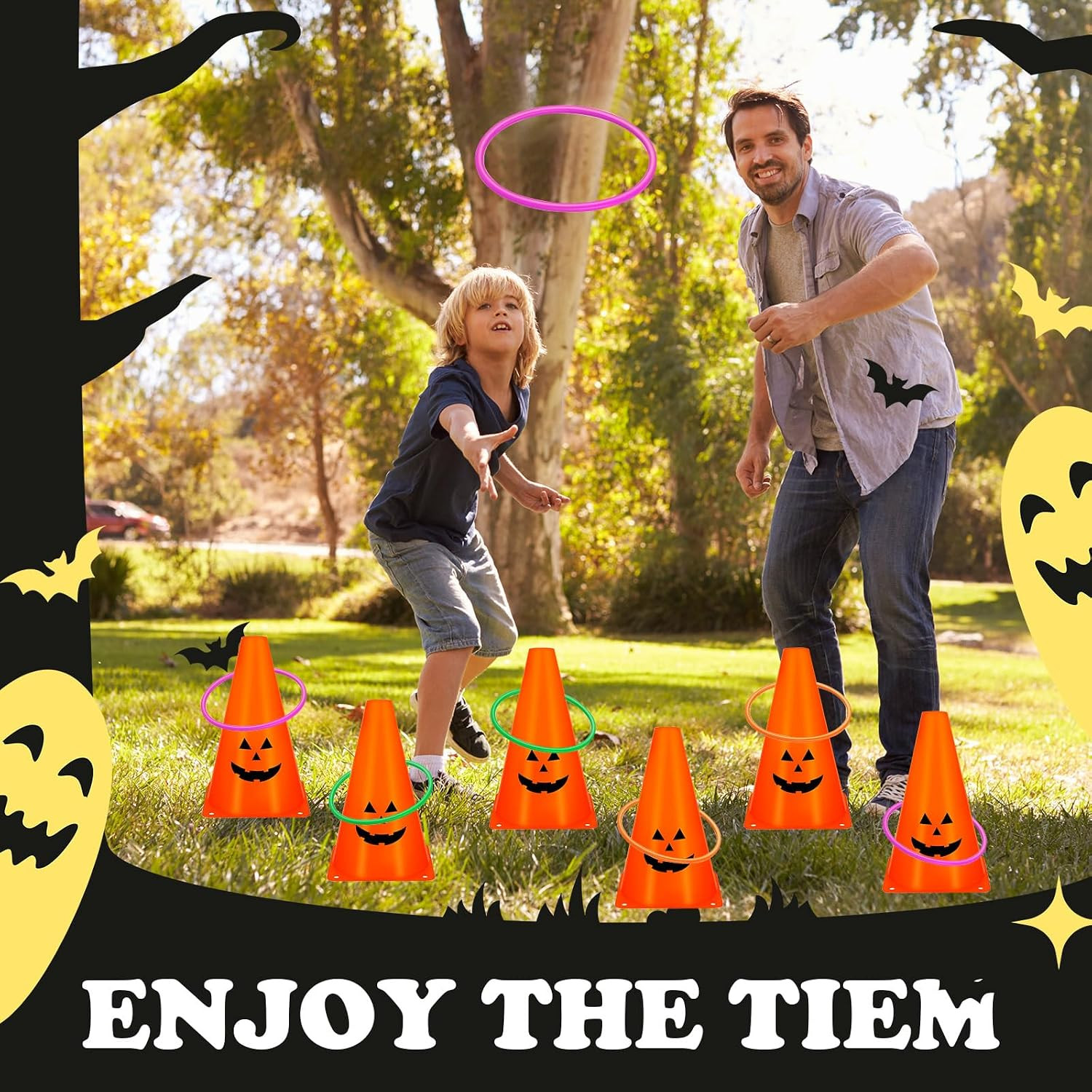24 PcsHalloween Ring Toss Game Outdoor Carnival Party Games Include 6 Plastic Co