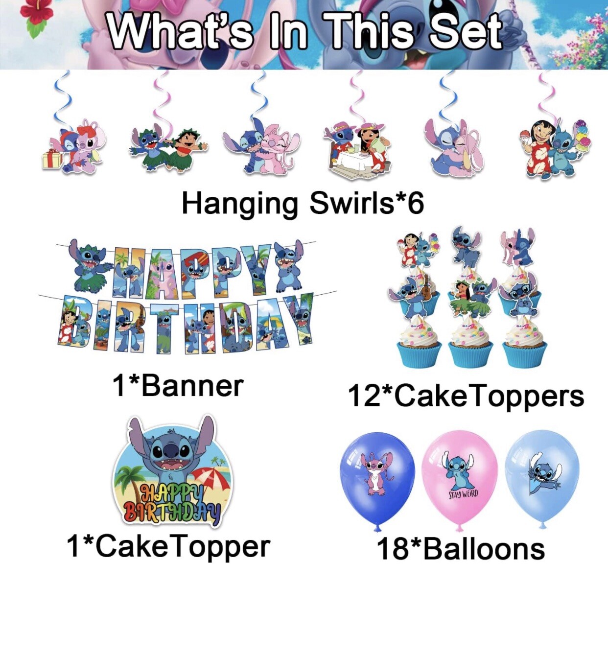 NEW Cartoon Lilo & Stitch Theme Birthday Party Decorate Supplies Set US Stock