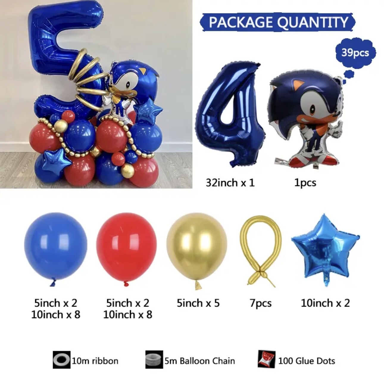 39pcs Sonic The Hedgehog Foil Number Balloons Birthday Decoration Boy Girl Sonic
