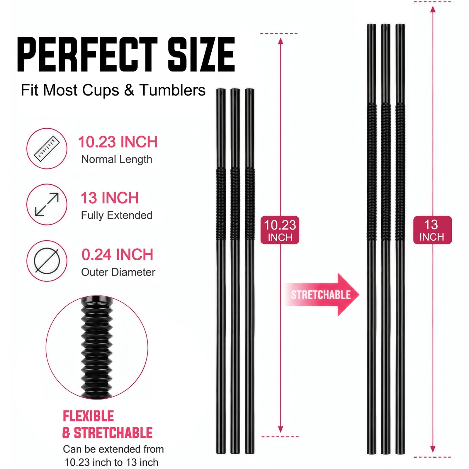 ALINK 200 PCS Black Flexible Plastic Straws, 10.23″ Long Stretch to 13″, 0.24″ D