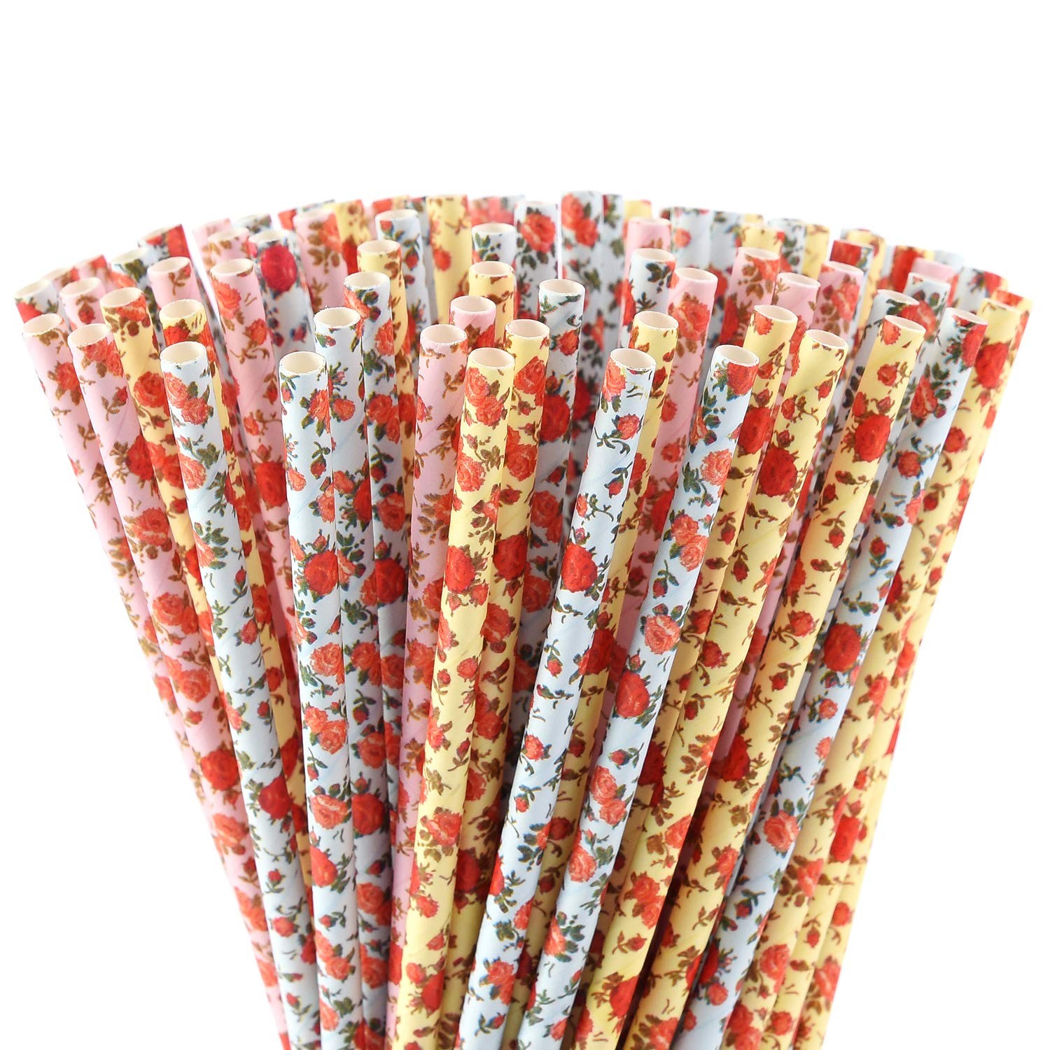 ALINK Floral Paper Straws, Biodegradable 7.75×0.25 Inch (Pack of 100),
