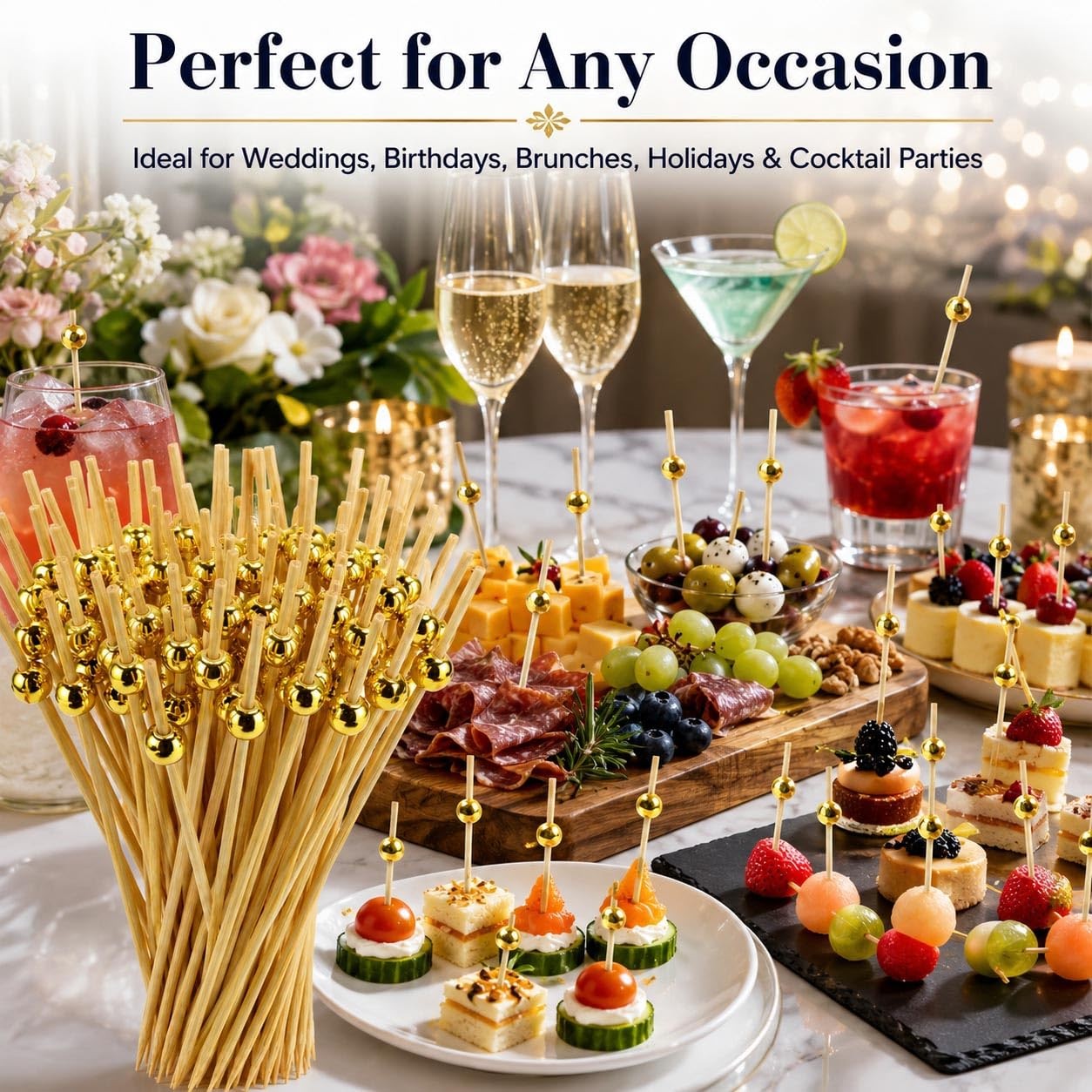 100PCS Cocktail Picks 4.7 Inch, Fancy Bamboo Toothpicks for Appetizers, Gold-…
