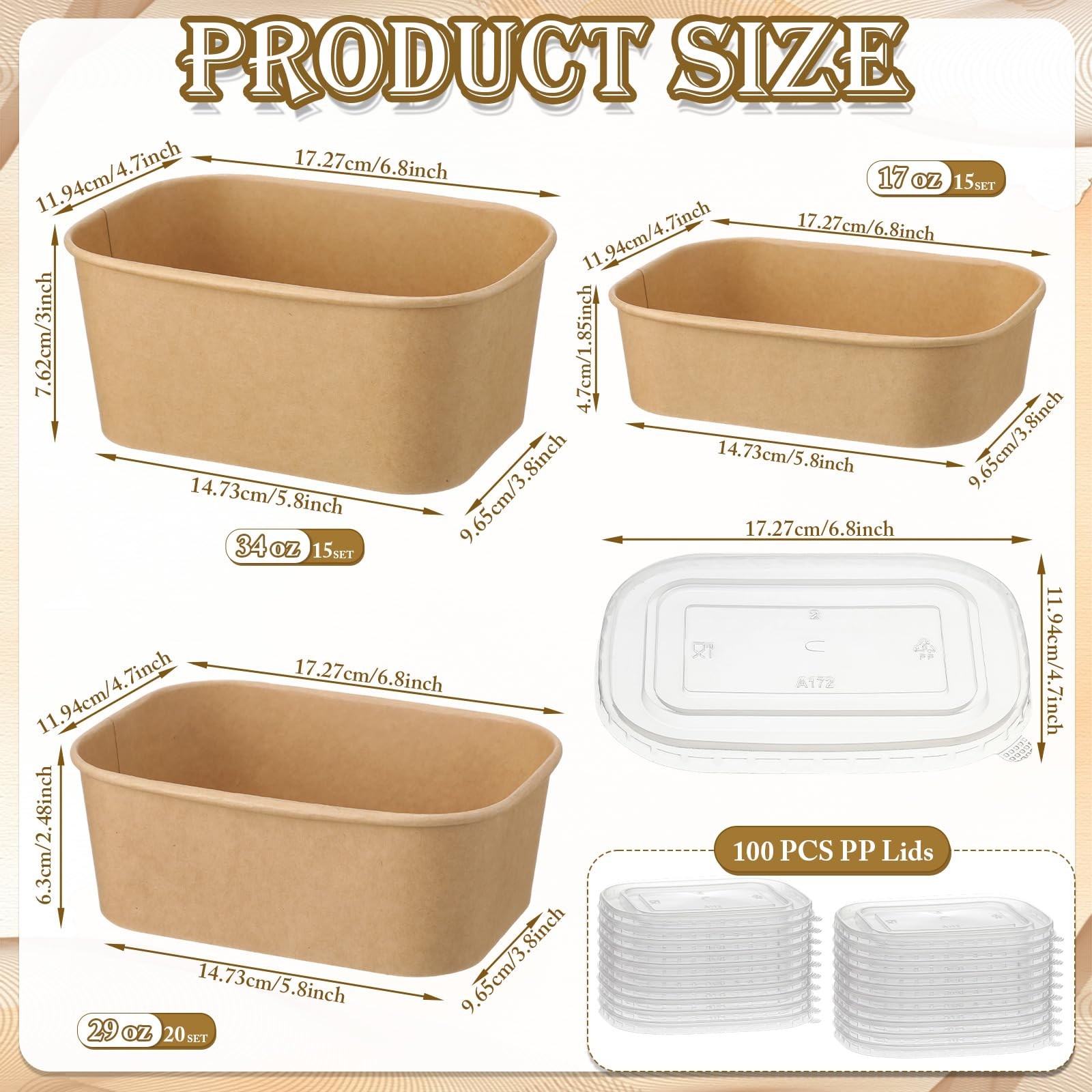 50 Set Paper Food Containers with Lids, 3 Sizes Variety Pack (17oz/29oz/34oz)…