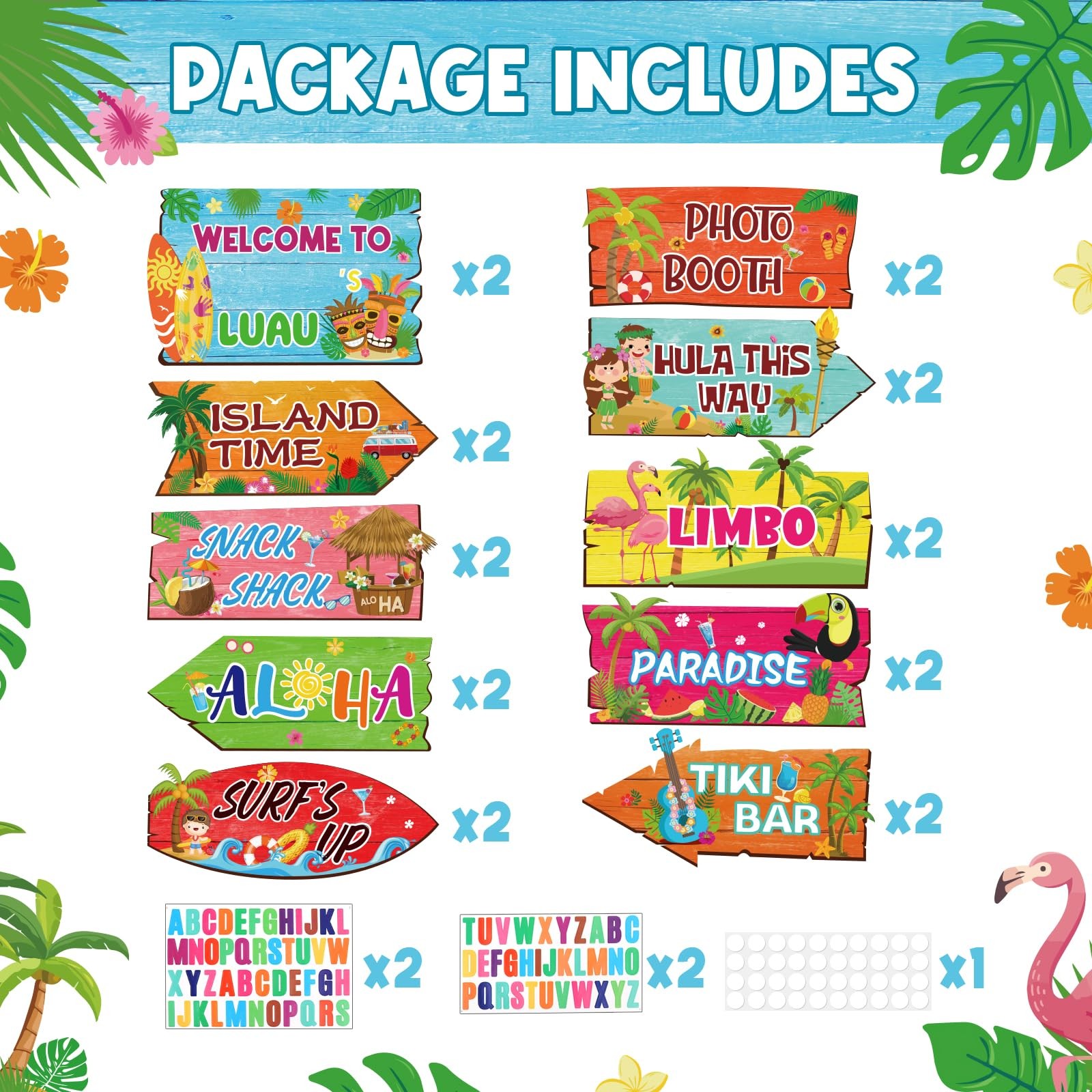 20 Pcs Luau Party Decorations Tropical Aloha Table Signs Multiple Colors Set