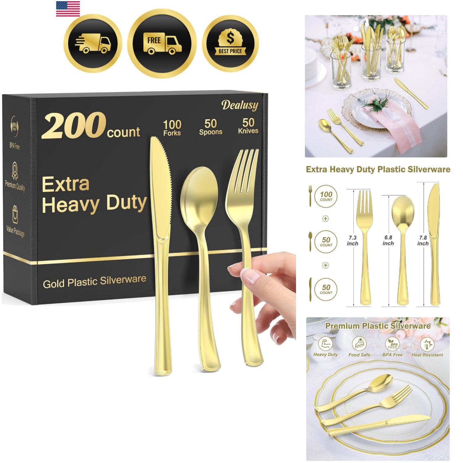 200 Count Heavy Duty Gold Plastic Silverware, 100 Forks, 50 Spoons, 50 Knives…