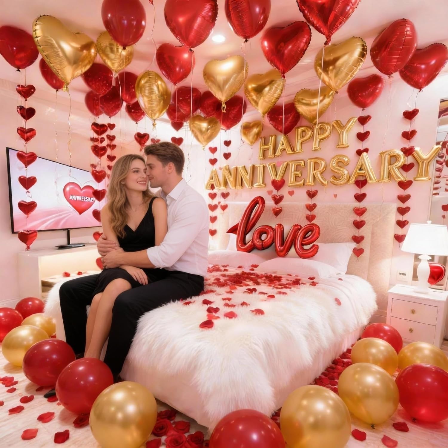 Romantic Anniversary Decorations with Red Hearts, Balloons & Silk Rose Petals