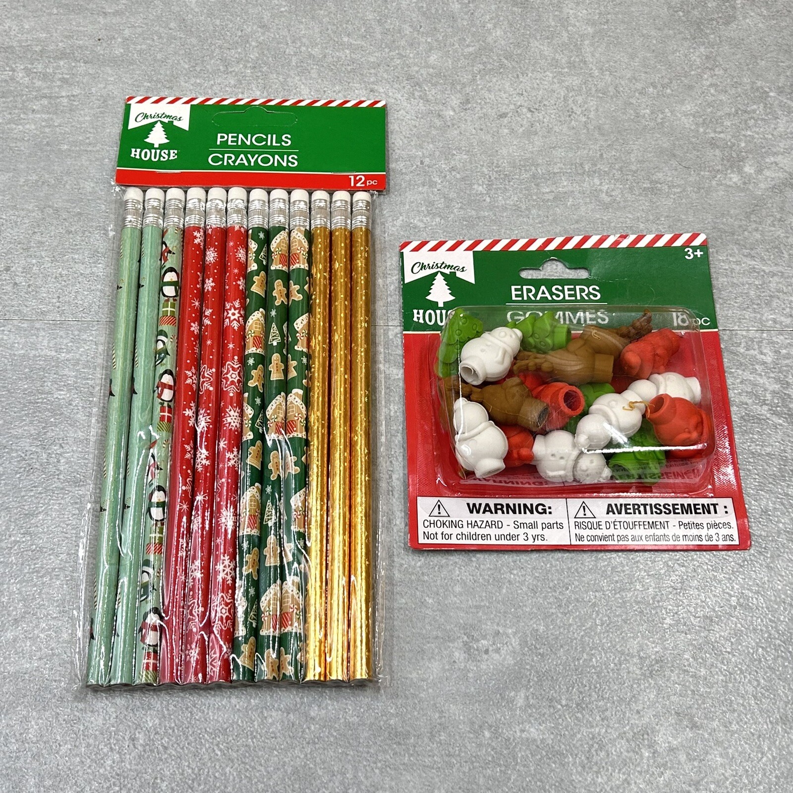 Christmas House 18 Pencil Top Erasers & 12 Pack Pencils Holiday NEW!