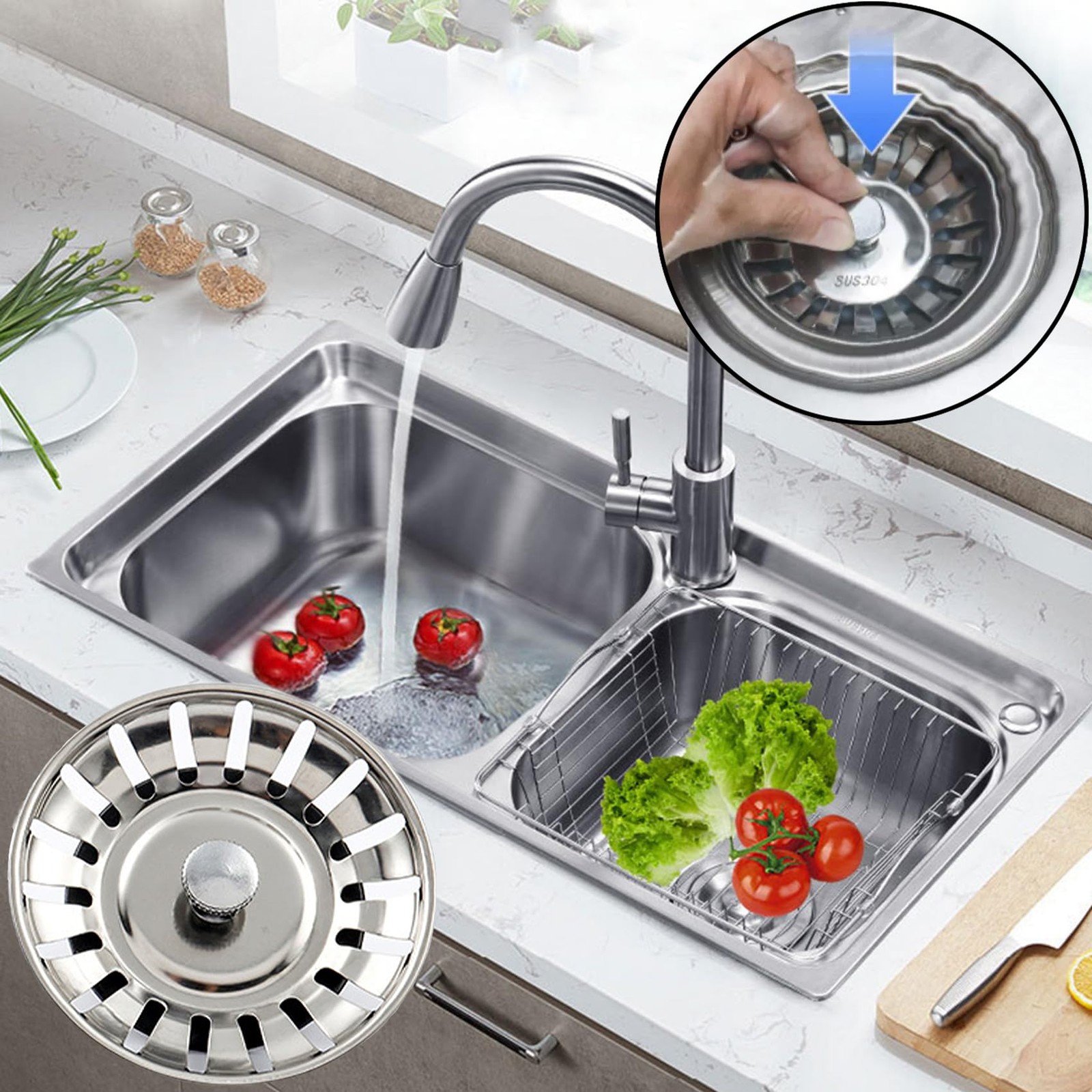 Kitchen Sink Plug Strainer Stainless Steel Rust Universal Sink Plug Replacement