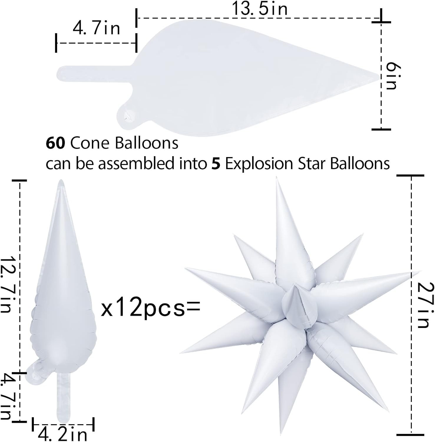 60 Pcs Star Balloons Foil Explosion 12 Point Cone Balloon Magic Balloon Large