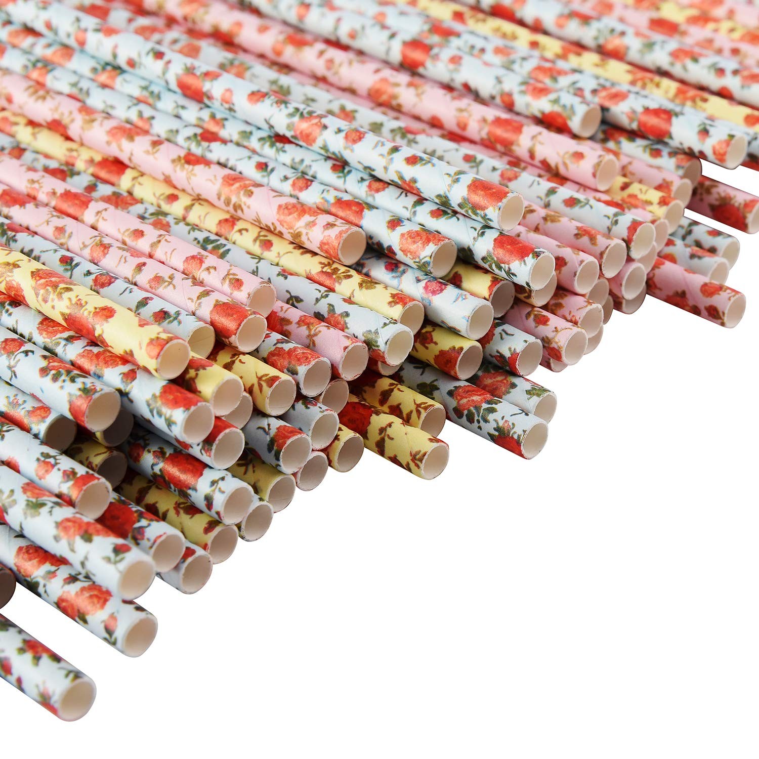 ALINK Floral Paper Straws, Biodegradable 7.75×0.25 Inch (Pack of 100),